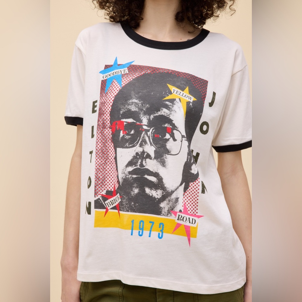 Daydreamer Elton John Pop Art Goodbye Yellow Brick Road Oversized Ringer Tee NWT